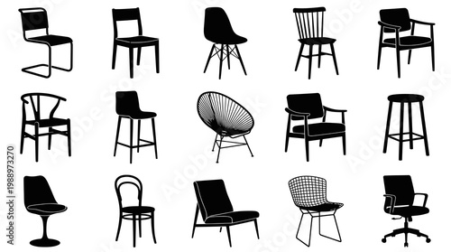 Modern Furniture Chairs Black and White Silhouette Vector Icons Set