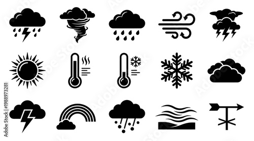 Minimalist Black  White Glyph Weather Forecast and Climate Icons Collection