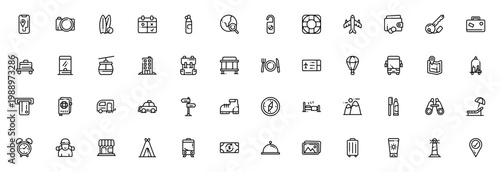 Travel icon set. Vector travel symbols collection. Includes navigation, camera, surf, globe, plane, passport, suitcase, map, hotel, taxi, compass and more. Editable thin line icons.