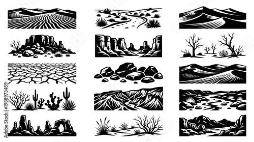 Black and White Vector Art Desert Landscapes and Sand Dunes