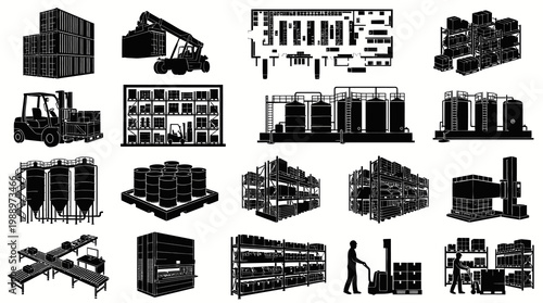Warehouse and Logistics Icons: Forklift, Shelving, Containers, Silos, Crane