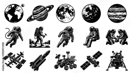 Space Exploration Engraved Icons Set. Astronauts, Planets, Rocket, Rover, Satellite, Lander Vector Art.