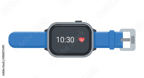 A flat lay view of a rectangular blue smartwatch shows a heart rate monitor icon and a silver buckle while positioned neatly on a plain white surface.