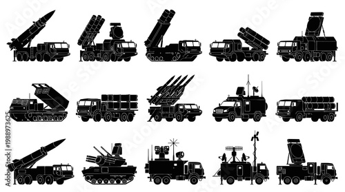 Black and white line art of various missile launcher vehicles, military equipment