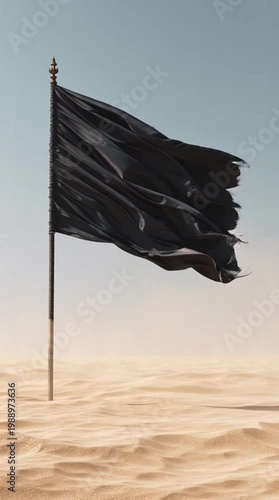 A large black flag fluttered amidst the desert sand and clear sky