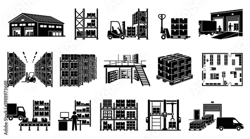 Warehouse Icons Set: Logistics, Storage, Delivery, Forklift, Truck, Icons