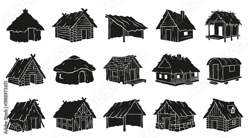 Black  White Silhouette Icons of Rustic Medieval Village Huts