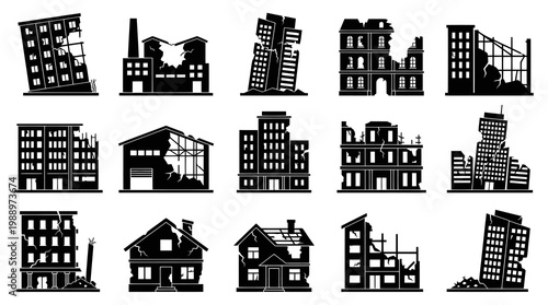 Damaged buildings icons: destruction, earthquake, urban collapse, architecture style
