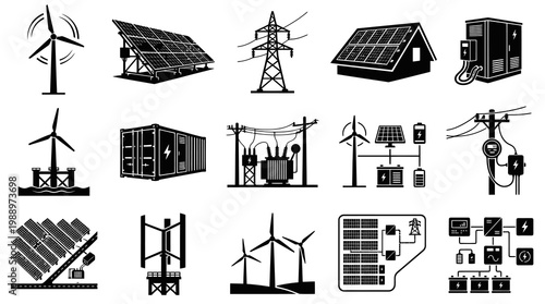 Renewable Energy  Electricity Icons: Black  White Power Grid Technology Glyphs