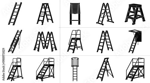 Construction  Safety Ladders, Steps, Scaffolding and Platforms Black Silhouette Icons Set