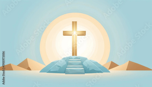 Flat design easter religious background, soft pastel color palette (light blue, cream, gold), simple illustration