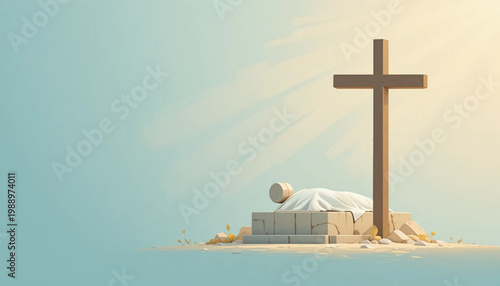 Flat design easter religious background, soft pastel color palette (light blue, cream, gold), simple illustration