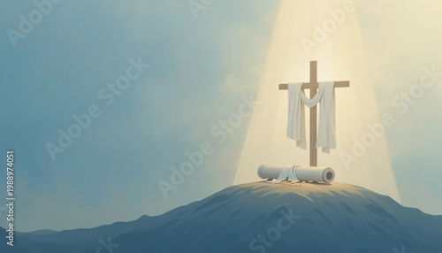 Flat design easter religious background, soft pastel color palette (light blue, cream, gold), simple illustration