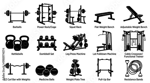 Fitness Gym Equipment Icons Black White Line Art Vector Stock Asset