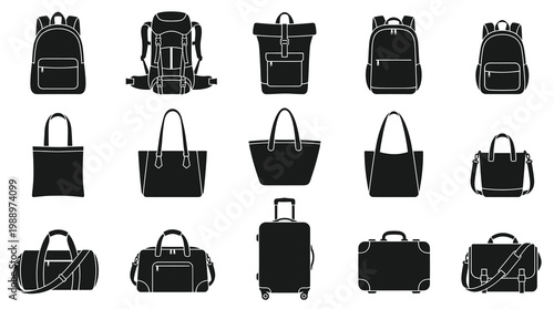 Black Backpacks, Bags, and Luggage Icons - Travel  Fashion Collection