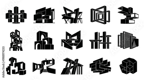 Abstract architectural structures, black and white geometric shapes, modern art