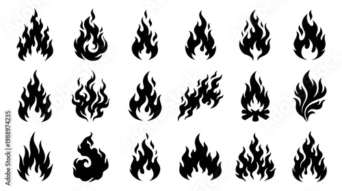 Black Fire Flame Icons Set, Vector Graphic Illustration