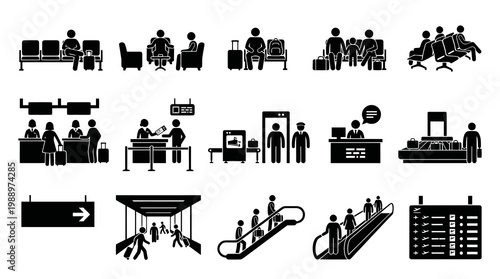 Airport Icons: Travel, Security, Boarding, Departure Board, Baggage Claim, Escalator