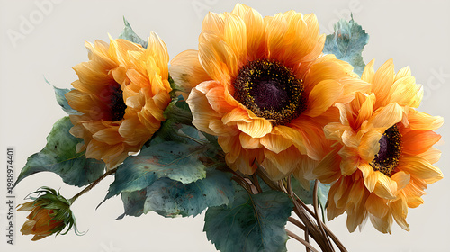 Golden Blooms: A close-up shot features a collection of vibrant sunflowers with their radiant golden petals and dark, intricate centers, accompanied by lush green foliage.