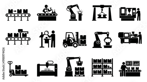 Manufacturing Industrial Automation Production Processes Glyph Icons Black White