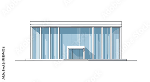 A symmetrical modern building facade features extensive blue glass panels and white vertical columns under a flat roofline against a stark white background.