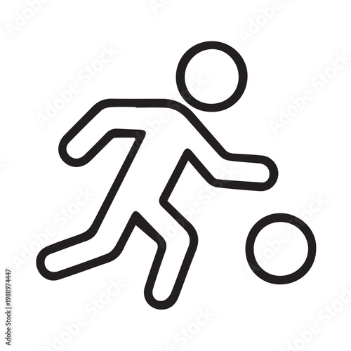 A simple vector art icon of a stickman dribbling a soccer ball, capturing motion and sporty energy, designed with clean lines for a modern, minimal and easily recognizable look.