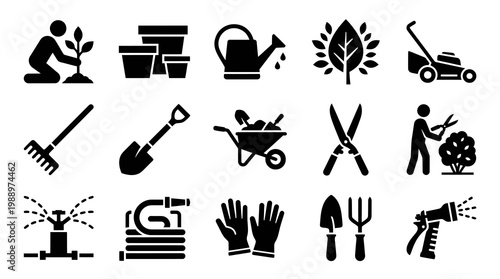 Garden Icons Set: Planting, Tools, Lawn Mower, Watering - Glyph Style