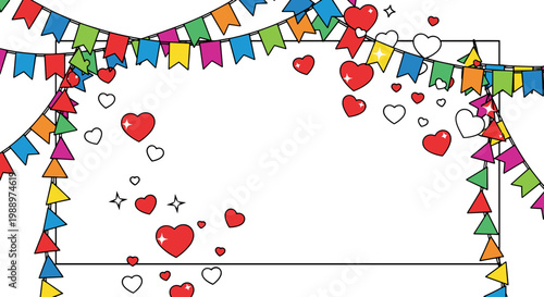 Decorative border with colorful flags hearts and confetti for celebration
