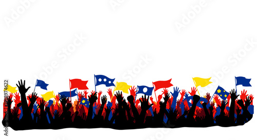 Crowd of people holding flags and banners at outdoor event