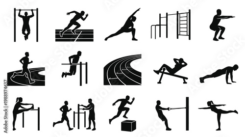 Fitness Workout Sports Exercise Glyphs Set of Black  White People Silhouettes Icons