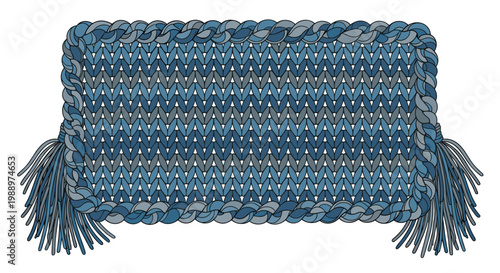 Closeup of a knitted blue scarf with fringes