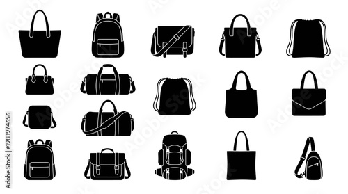 Fashion  Lifestyle Bags Silhouette Icon Set: Backpacks, Totes, Purses  Duffel Bags Collection