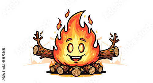 Cute cartoon campfire character with smiling face and animated style