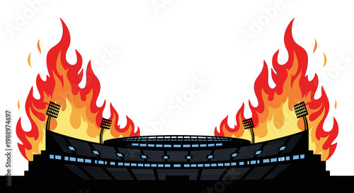 Illustration of a burning stadium with flames and smoke