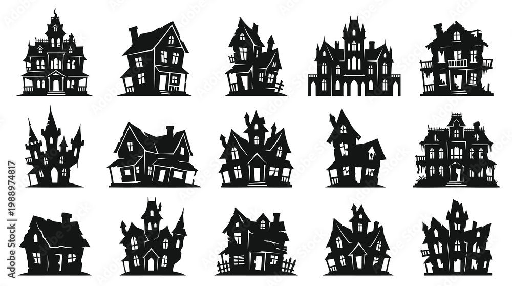 Obraz premium Spooky Haunted Houses Silhouette Vector Set for Halloween Decoration