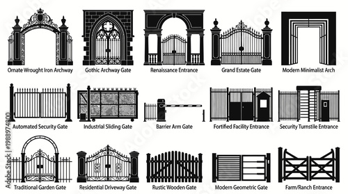 Black and White Vector Icons of Gates and Entrances, Architecture Symbols