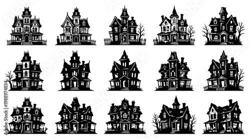 Spooky Haunted Mansions Silhouette Set, Horror House Icons, Black  White Vector Art