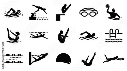 Swimming Icons: Black  White Silhouettes of Diverse Aquatic Sports and Elements