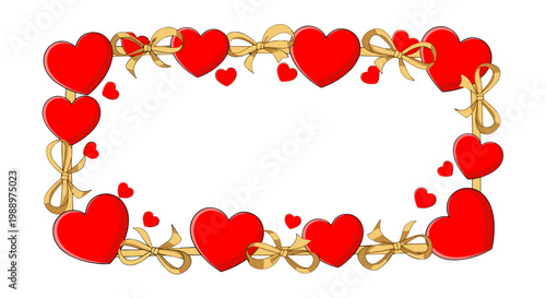 Valentines day heart frame with roses and gold ribbon border