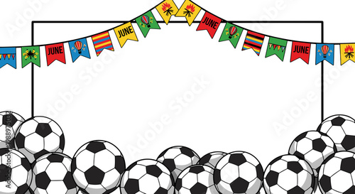 Celebration party decoration with soccer balls and colorful banners