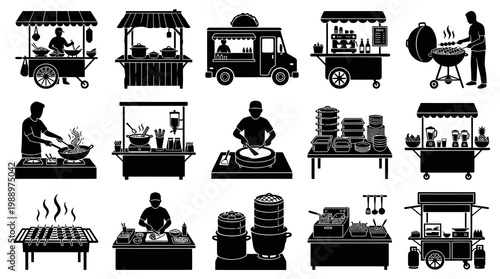 Black  White Icons of Food Trucks, Carts  Street Food Preparation