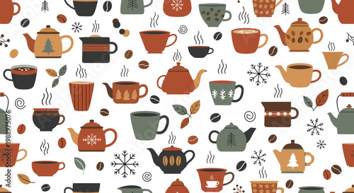 Pattern of various teapots and cups on for design