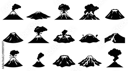 Black  White Volcano Icons - Nature, Geology, Eruption Vector Art