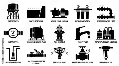 Water Supply  Treatment System Black Glyph Icons Set - Infrastructure  Utilities