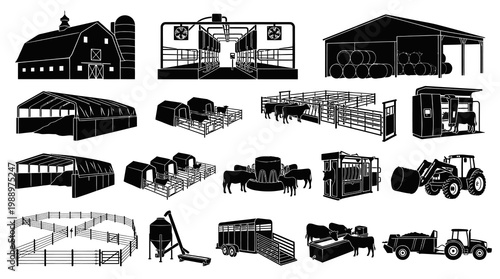 Livestock Farm Icons: Barn, Tractor, Cattle, Shelter, Equipment, Silo, Fence