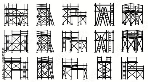 Black and white line art illustration of various construction scaffolding structures