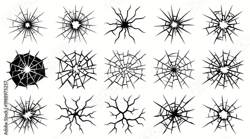 Security  Safety Industry: Black  White Line Art Glyphs of Cracked Glass  Shatter Impact Patterns