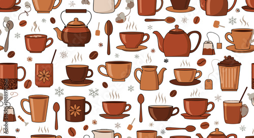 Seamless pattern of various coffee cups and teapots