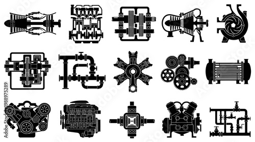 Mechanical Engineering Icons Set: Industrial Engines, Pumps, Gears, and Piping System Technical Silhouettes
