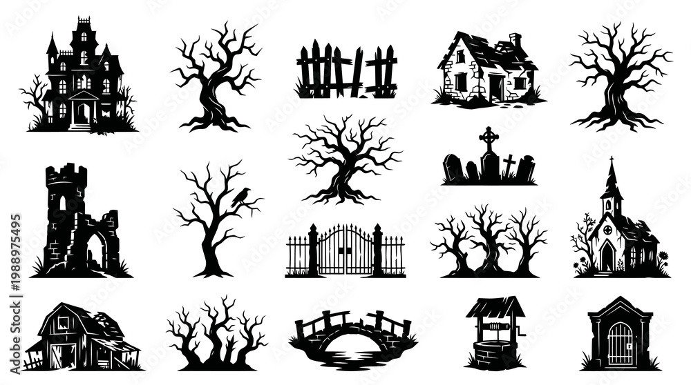 Fototapeta premium Halloween Spooky Elements Vector Silhouette Set with Creepy Buildings, Trees Graveyard Icons